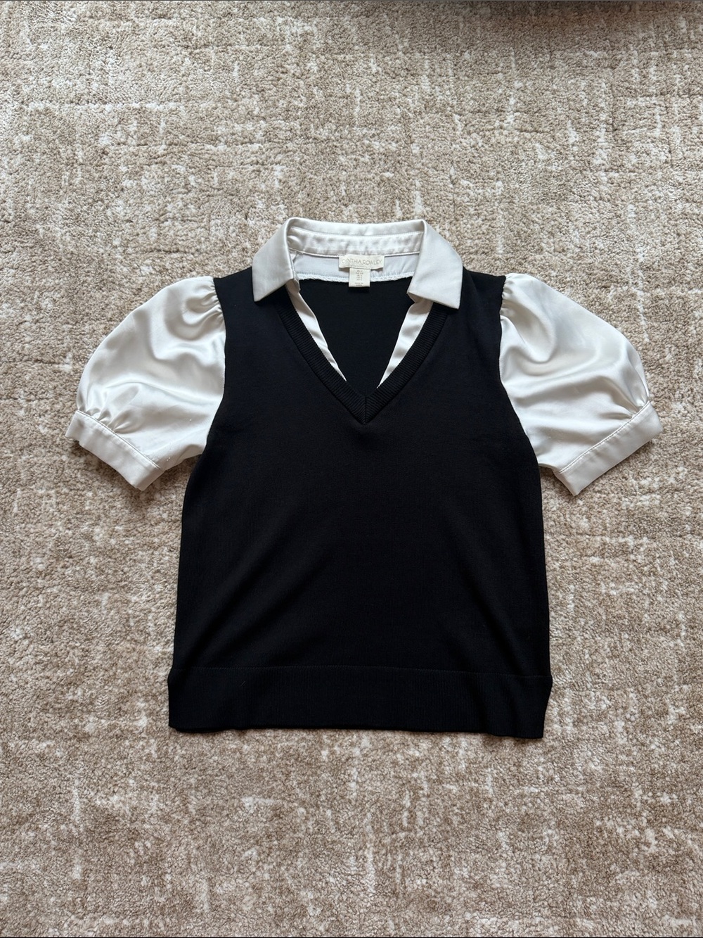 Black V-Neck Sweater Vest with White Puff Sleeve Blouse Insert
